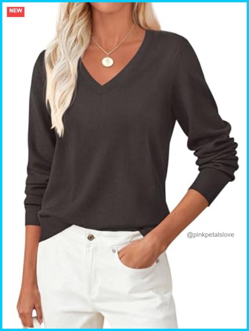 Women's Cozy Knit Long Sleeve V Neck Sweater Pullover Ribbed Trim